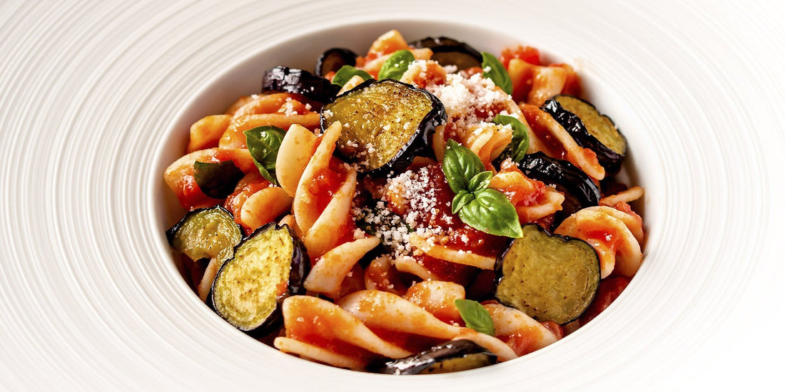 White Corn Fusilloni with Tomato Sauce and Eggplant