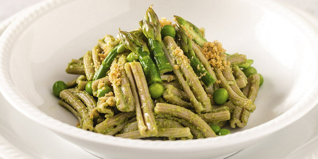 Sorghum Casarecce with Peas, Asparagus and Garlic Breadcrumbs