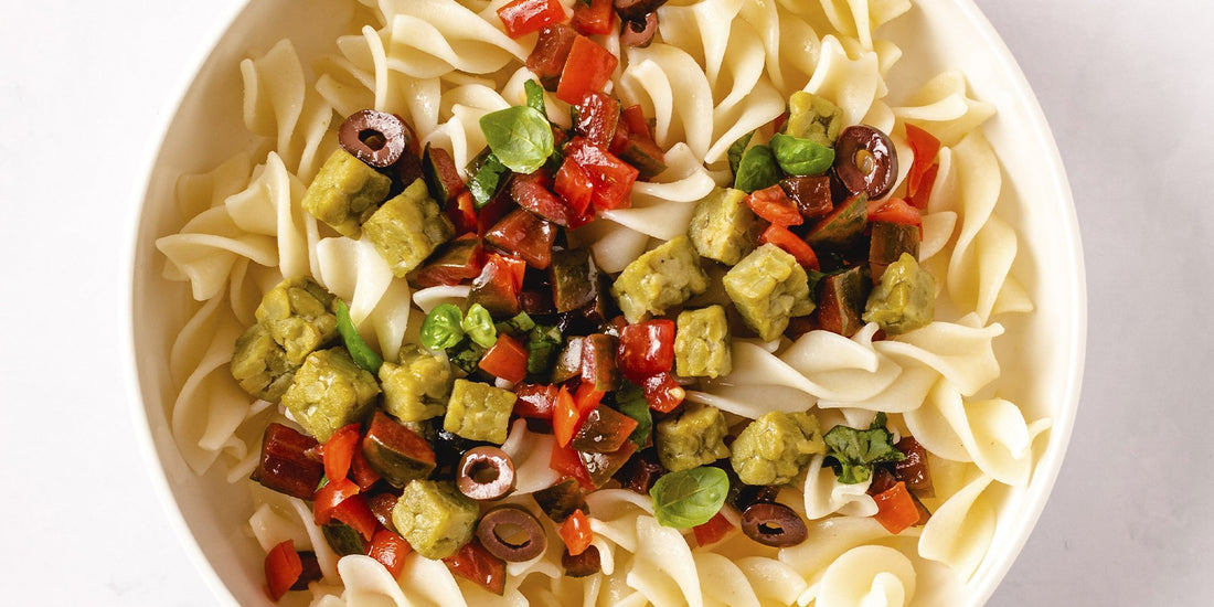 White Corn Fusilloni Salad with Basil, Cherry Tomatoes and Pea Tempeh